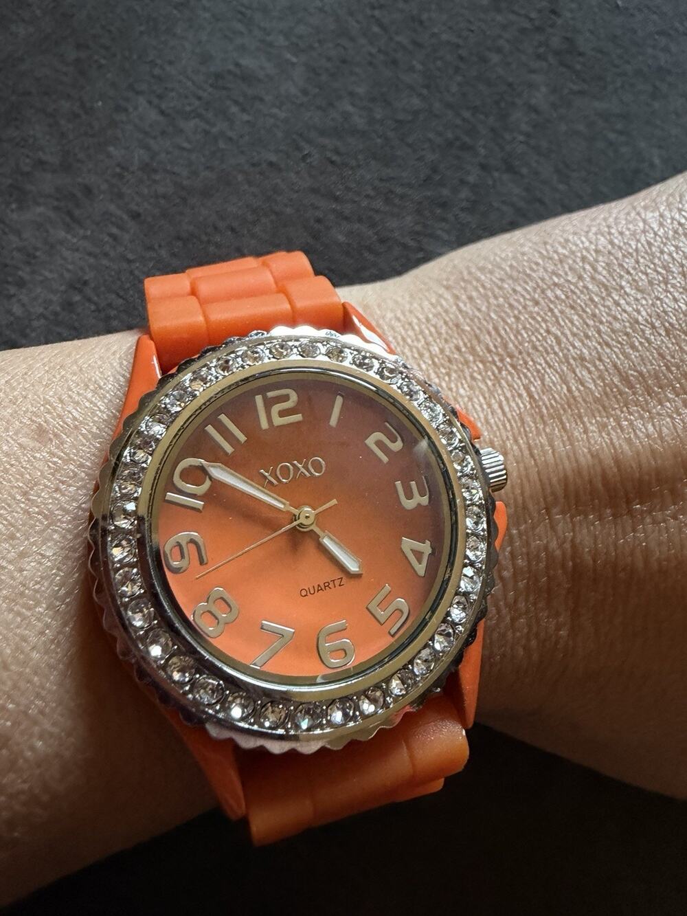 XOXO Womenโs Watch Orange Silicone Band Rhinestone Bezel Quartz New Battery